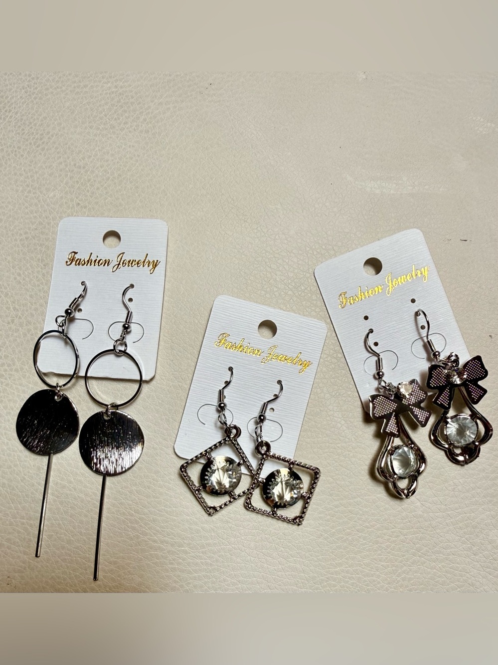 Set of 3 Pairs Silver-Tone Mixed Drop Earrings Set with Clear Crystals